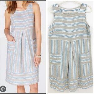 J. Jill LoveLinen Striped Shift Dress Sleeveless Front Pockets Beachy Prep Sz LP